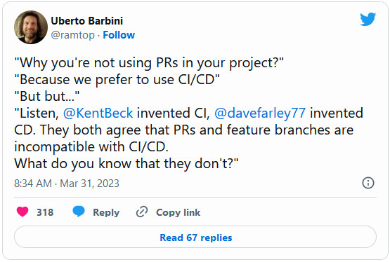 a tweet about pull requests not being compatible with CI/CD